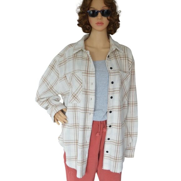 143 Story Cream Beige Plaid Flannel Button Down Shirt Women's Large Fall Western - Picture 1 of 6